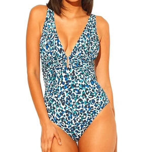 🆕️2024 Bleu Rod Beattie Women's Blue leopard print Plunging Halter Swimsuit 14
